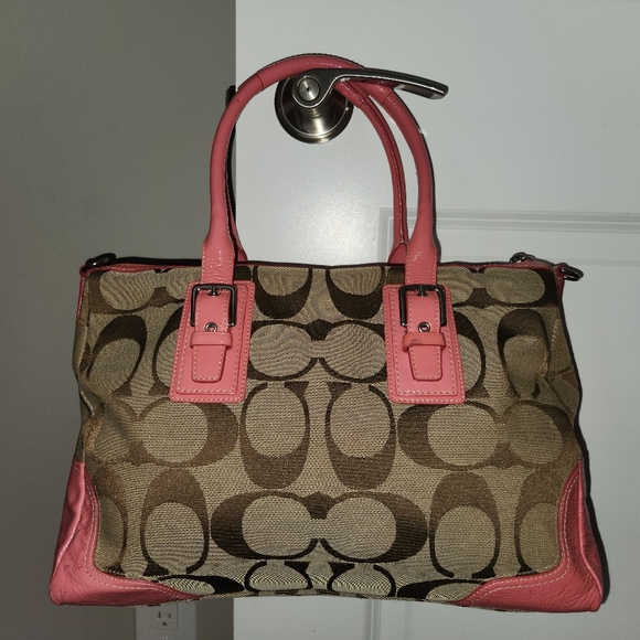 Coach Fabric & Patent Leather Handbag Bag in Pink and Taupe, Style # F13812 - Picture 2 of 16